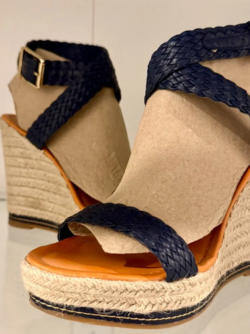 Steve Madden Navy Braided Leather Espadrille Wedge Sandals